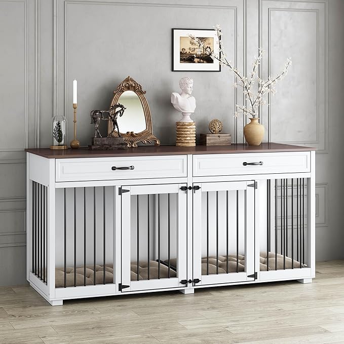 64.6" Furniture Dog Crate, Heavy Duty Wooden Dog Cage Furniture, Indoor Dog Kennel with Drawers & Removable Divider, Luxury Dog House with Double Rooms for Small Medium Breed Dogs, White