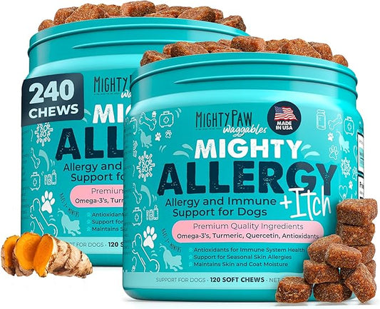 Mighty Paw Waggables Allergy Immune + Itch (Made in The USA) 2 Pack -Dog Chews Anti-Itch for Dogs. Allergy Support Vitamins for Skin and Coat Allergies. Omega 3 & Quercetin for Pets 240 Ct