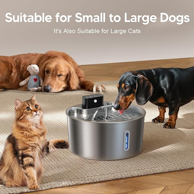 Voluas Dog Water Fountain, Automatic Water Dispenser for Dogs, 236oz/1.8Gal/7L Wireless Stainless Steel Pet Fountains, Battery Operated Cat Dispenser with Ultra-Silence Pump