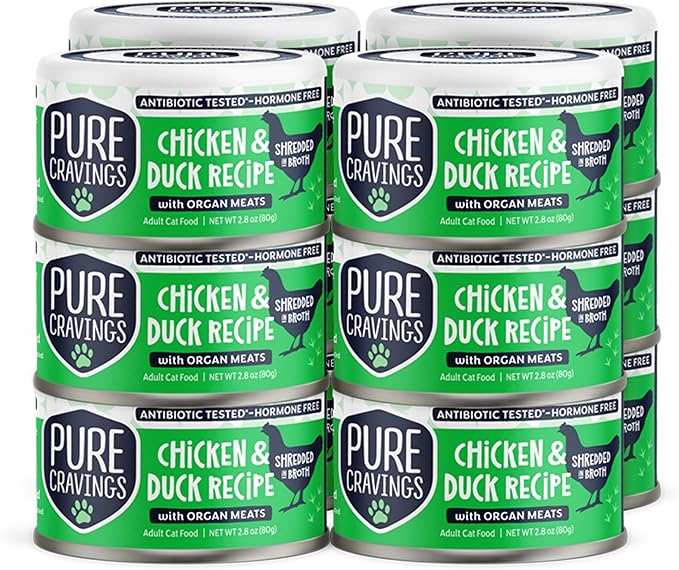 Chicken and Duck Recipe in Broth, Shredded Wet Cat Food, Grain-Free Protein, Non-GMO, 12 Pack