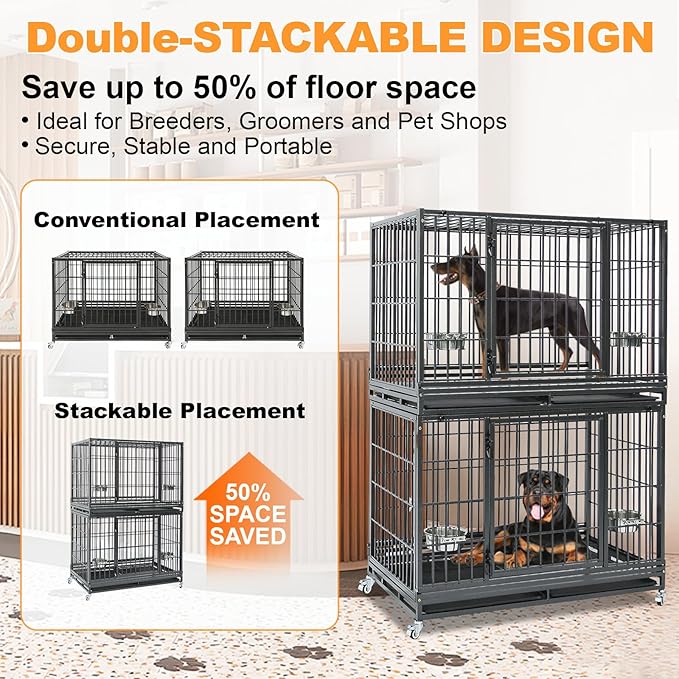 Homey Pet Two Tiers 48 Inch Heavy Duty Indestructible Dog Crate, Stackable Escape Proof Dog Cage Kennel Indoor with Two Removable Trays, Metal Grids, Wheels, Bowls, Double Doors for Large Dogs(6 Pack)