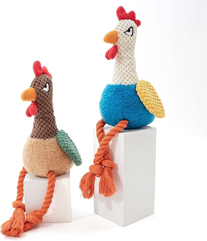 Plush Rooster Dog Toy with Squeaker, Interactive Rope Legs for Small and Medium Dogs, Multicolor Tug and Fetch Chew Toy