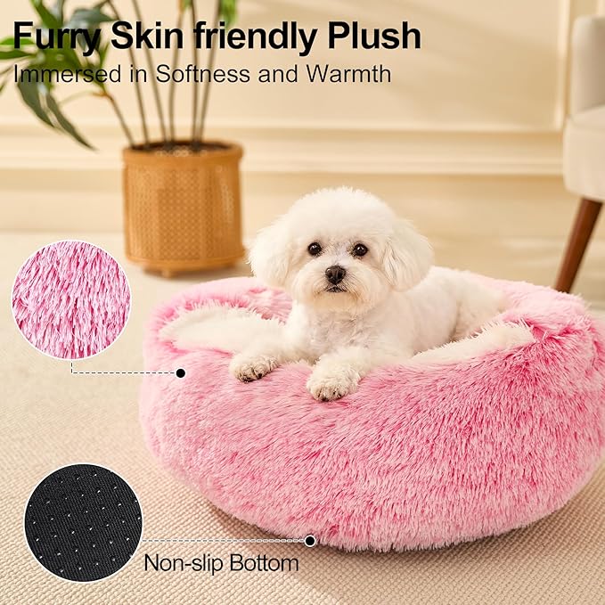 Calming Dog Beds with Hooded Cat Cave Cover - Removable, Washable Round Beds for Small to Medium Pets, Anti-Slip Faux Fur Fluffy Cover for Improved Sleep - Fits up to 15/25 lbs (Pink, M)