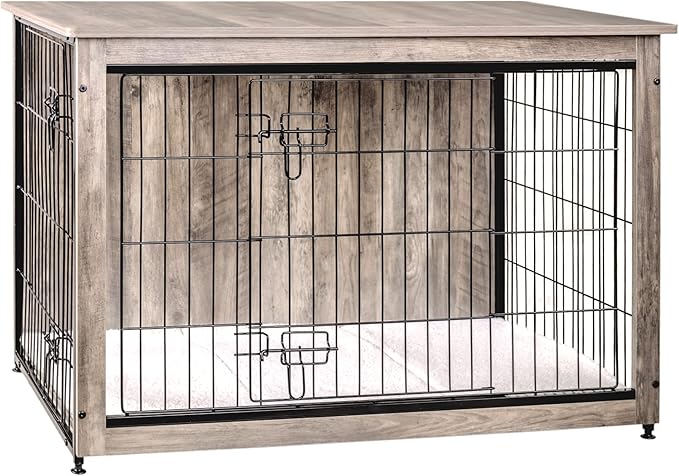 DWANTON Dog Crate Furniture with Cushion, Wooden Kennel Table with Double Doors, Indoor Dog House, Large Size, 38.5" L, Greige
