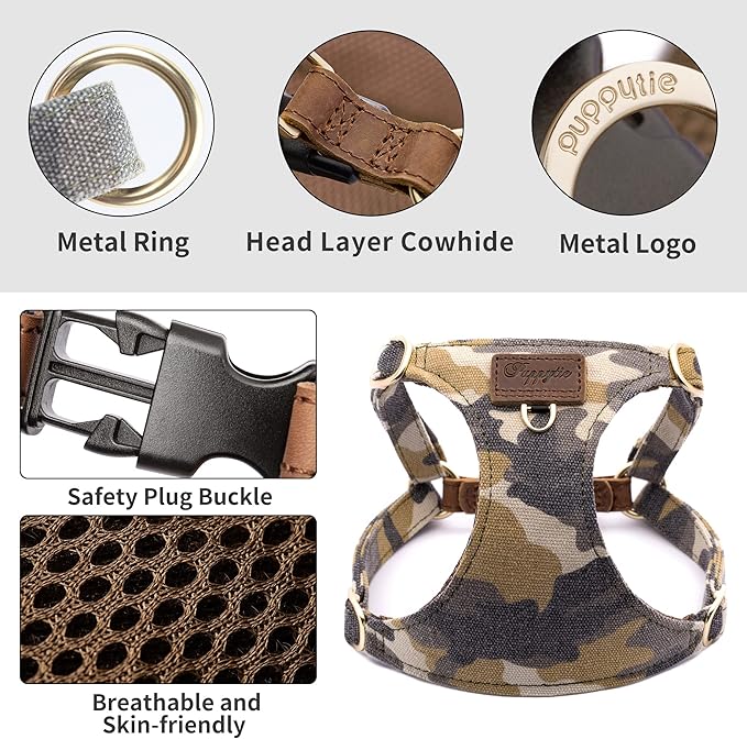 Dog Harness, No Pull Dogs Harness and Multi-Function Leash Set for Medium Dogs Easy Walk Everyday Adjustable Soft Dog Vest Harness Fashionable Dog Accessories Camouflage Brown-Slim Large