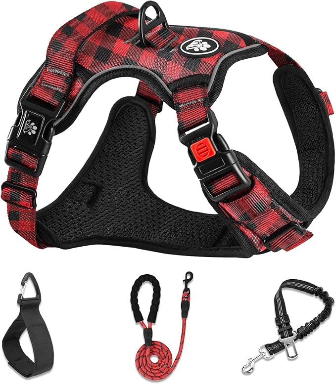 NESTROAD No Pull Dog Harness with Leash, Reflective No Choke Pet Vest Harness,Adjustable Soft Padded Dog Harness with Easy Control Handle for Large Dogs(Checkered Red,Large)