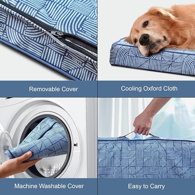 Orthopedic Dog Bed for Large Size Dogs, Big Waterproof Dog Bed Washable Pet Bed for Large Dogs with Egg Crate Foam Pet Mat, Removable Oxford Cooling Cover, White Blue