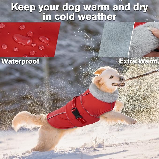 Lelepet Warm Dog Coat - Reflective Waterproof Fleece Vest with Adjustable Buckle Hook & Loop, Windproof Winter Jacket Dog Coats for Small Medium Large Dogs, Red, L