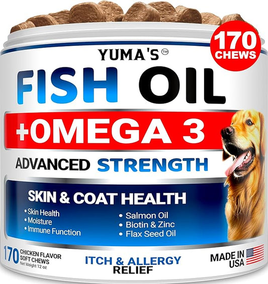 Omega 3 Fish Oil for Dogs - 170 Chews - Skin and Coat Supplement - Omega 3 for Dogs - Dry & Itchy Skin Relief Treatment - Allergy Support Dog Anti Shedding Treats - Salmon - EPA & DHA - Chicken Flavor