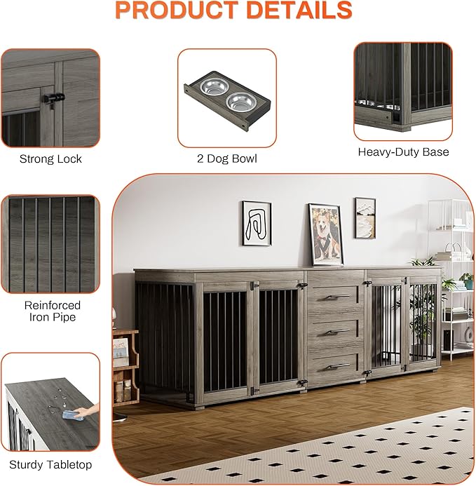 Rophefx 94.5" Dog Crate Furniture for 2 Dogs, Large Dog Kennel Furniture with 3 Storage Drawer, Wooden Dog Cage with 4 Bowls, Indoor Dog House TV Stand with Locks for Large Medium Dog, Grey