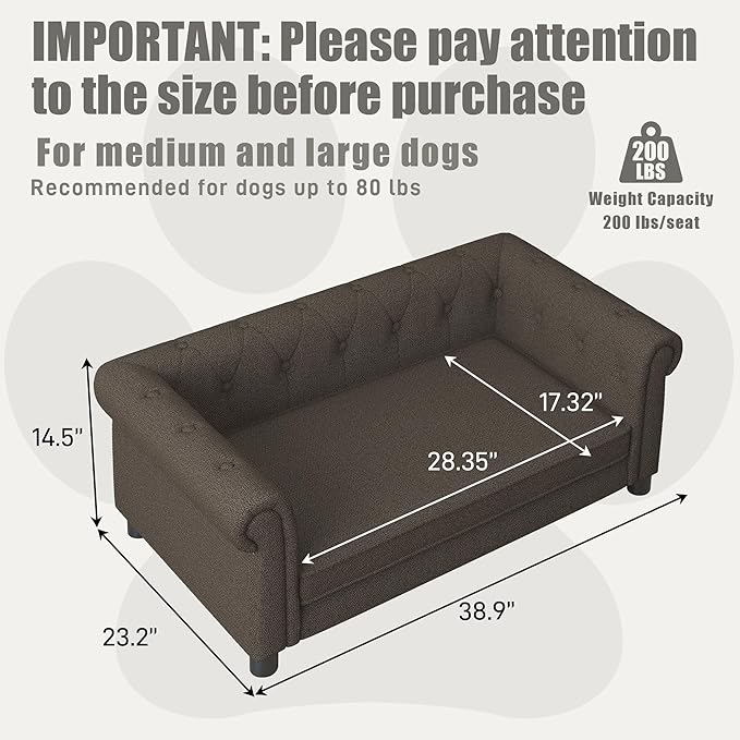 Dog Sofa Couch for Medium to Large Dogs, Memory Foam Pet Sofa Couch with Washable Fabric, Durable Elevated Dog Bed with Legs, Removable Cushion for Medium and Large Dogs, Dark Brown