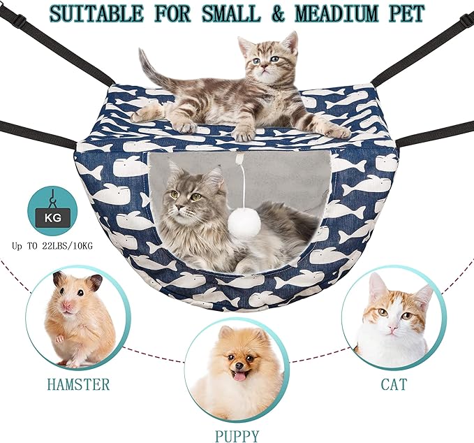 JSPYFITS Cat Cage Hammock with Ball,Double Layer Hanging Adjustable Soft Pet Bed Suit for Kitten Ferret Puppy Rabbit or Small Pet, 2 Level Indoor Bed for All Season(Blue Whale)