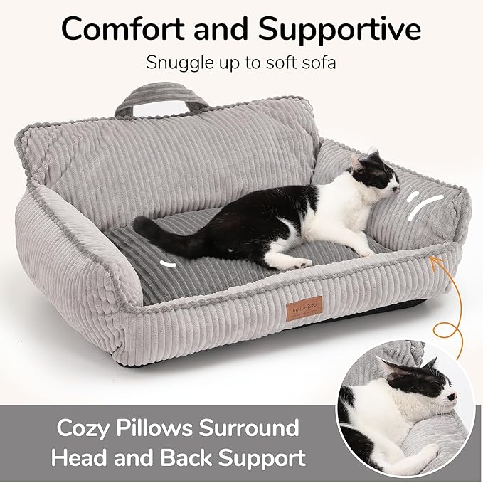 FUKUMARU Cat Couch Bed, Fluffy Corduroy Cat Beds for Indoor Cats with Washable Cover, Waterproof Small Dog Sofa Beds with Portable Handle and Anti-Slip Bottom, Pet Beds & Furniture 28inch, Grey