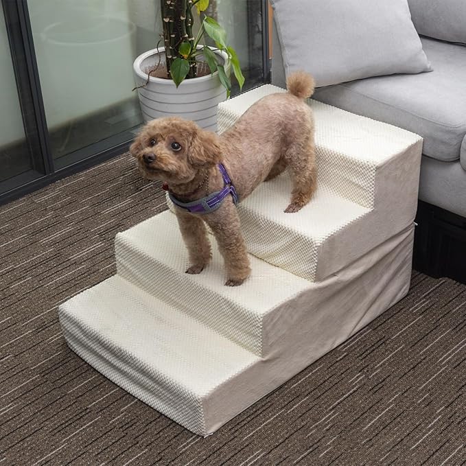 Dog Stairs for Medium Dogs, 20" W, 20" H, 4 Tiers Pet Steps with High-Density Foam and Removable Cover to Get on High Beds Couch,20×30×20inches, Beige