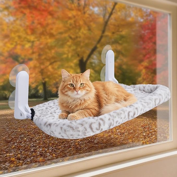 Cat Window Perch, Cordless Foldable Cat Hammock Bed with 4 Suction Cups, Embeded Machine Washable Bed for Indoor Cats, Strong Metal Frame Holds 40lbs (Leopard Print,Cotton Binding)
