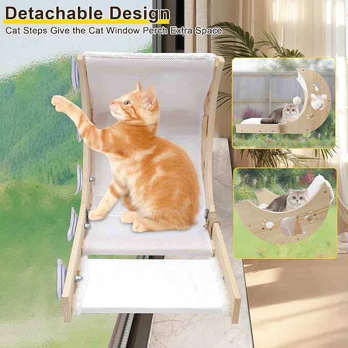 Cat Window Perch with Detachable Ladder-Wodden Cats Bed for Indoor with Double Side Velcro Cat-Mat, Moon CatWindow Seats Mounted with 7pcs Strong Suction Cups for Sleep and Rest