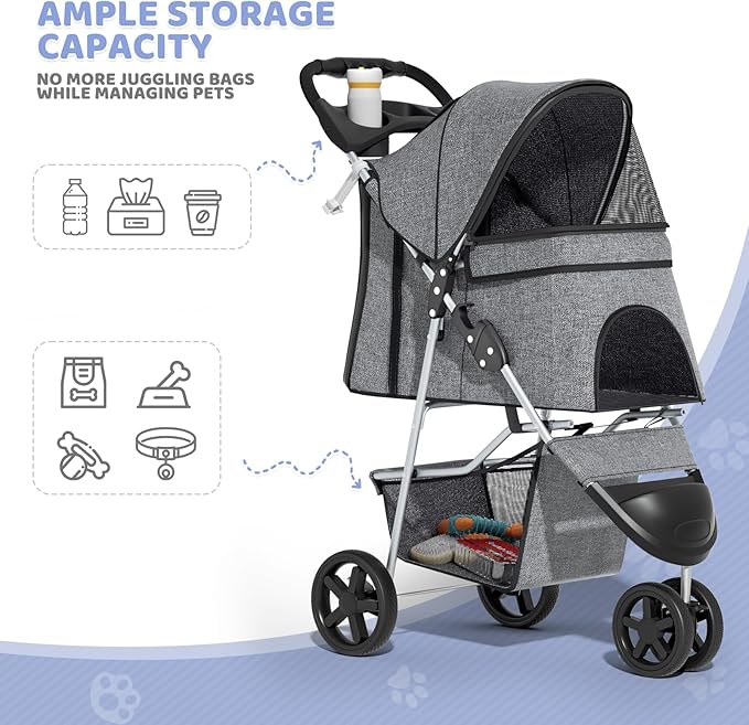 Magshion 3-Wheel Pet Stroller, Foldable Travel Jogger for Small & Medium Dogs & Cats (Up to 33lbs), Lightweight Carrier with Breathable Mesh Cover, Cup Holder & Storage Basket, Gray