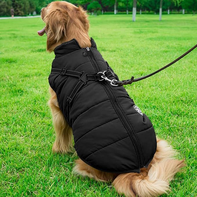 Aiboria Dog Coat for Winter Waterproof Windproof 2 in 1 Dogs Jackets Fleece Large Dog Vest Harness Winter Warm Pet Black 4XL