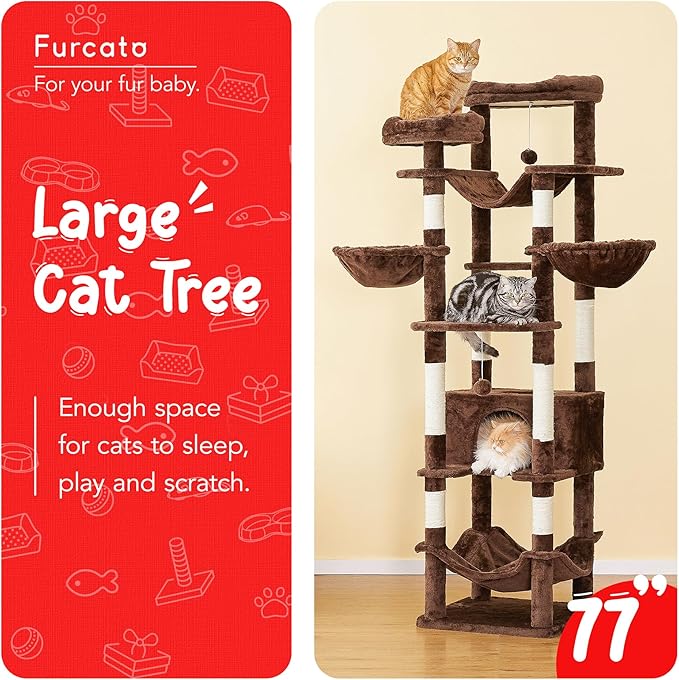 77-Inch Brown Cat Tree for Indoor Cats, Multi-Level Large Cat Tower with 4 Hammocks, 2 Padded Perches, Cat Condo, Sisal Scratching Posts and Hanging Toys for Adult Cat