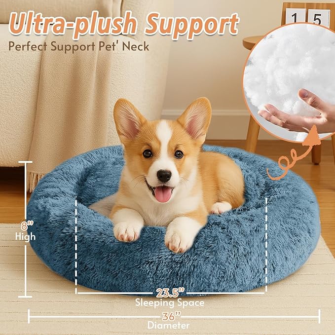 JOLLYVOGUE Calming Dog & Cat Bed for Large Dogs, Anti-Anxiety Donut Cuddler Cozy Soft Round Bed with Anti-Slip Bottom, Fluffy Faux Fur Plush Cushion Beds for Medium Dogs (36")