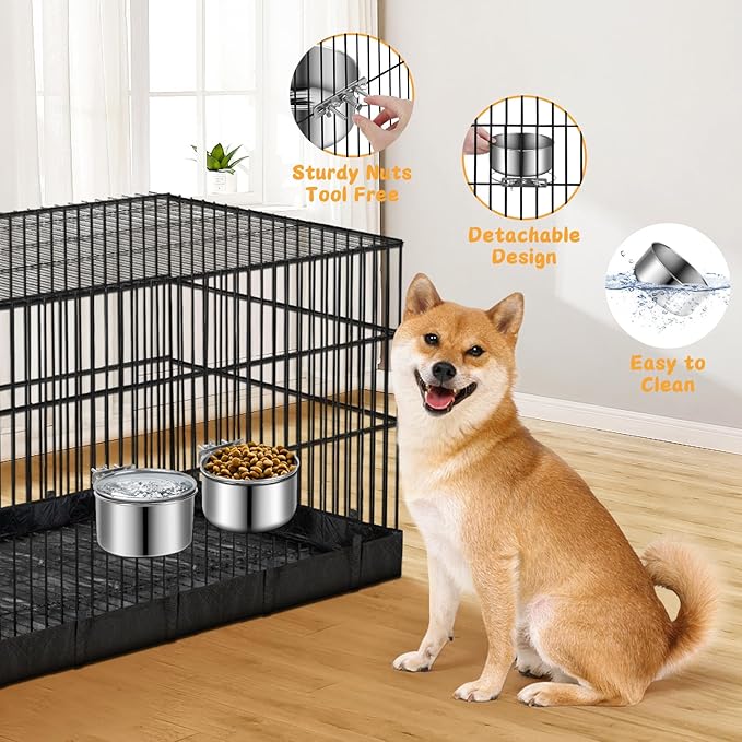 Water Bowl for Dog Crate, ShineMe Stainless Steel Pet Food Bowls for Kennel Cage No Spill, Attachable Dog Crate Bowls Hanging 2 Pack for Medium and Small Sized Dogs (5.5 x 2.9” & 4.9 x 3.3”)