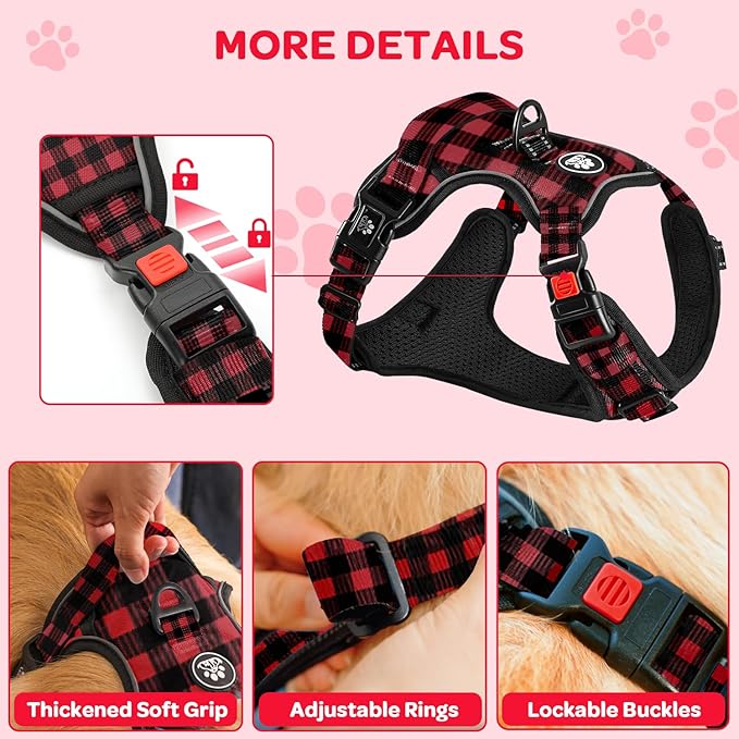 FURRYFECTION Plaid Dog Harness for Large Dogs | No Pull Reflective Pet Harness | No Choke Adjustable Dog Vest Harnesses | with Leash | Easy Control Handle | Front Lead | Seat Belt | Red&Black | XL