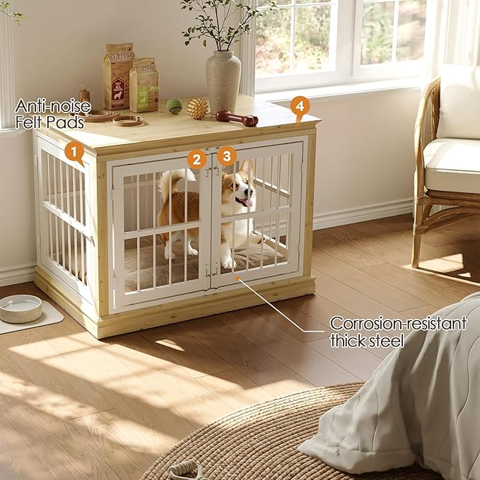 38 in Solid Wood Dog Crate Furniture for Dogs-Large Dog Crate Sideboard and TV Stand, Small, Wood Dog Kennel-(White+Natural)