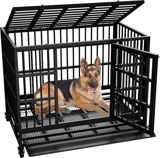 Vongrasig 38 Inch Heavy Duty Indestructible Dog Crate, Escape Proof Dog Cage Kennel with Lockable Wheels,High Anxiety Double Door Dog Cage,Extra Large XL XXL Crate Indoor for Large Dogs
