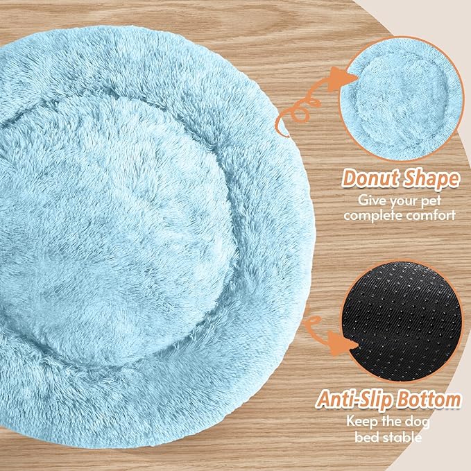 JOLLYVOGUE Medium Calming Dog Bed, Anti-Anxiety Donut Cuddler Cat Bed with Anti-Slip Bottom, Fluffy Faux Fur Machine Washable Pet Cushion for Medium Large Dog & Cat (31")