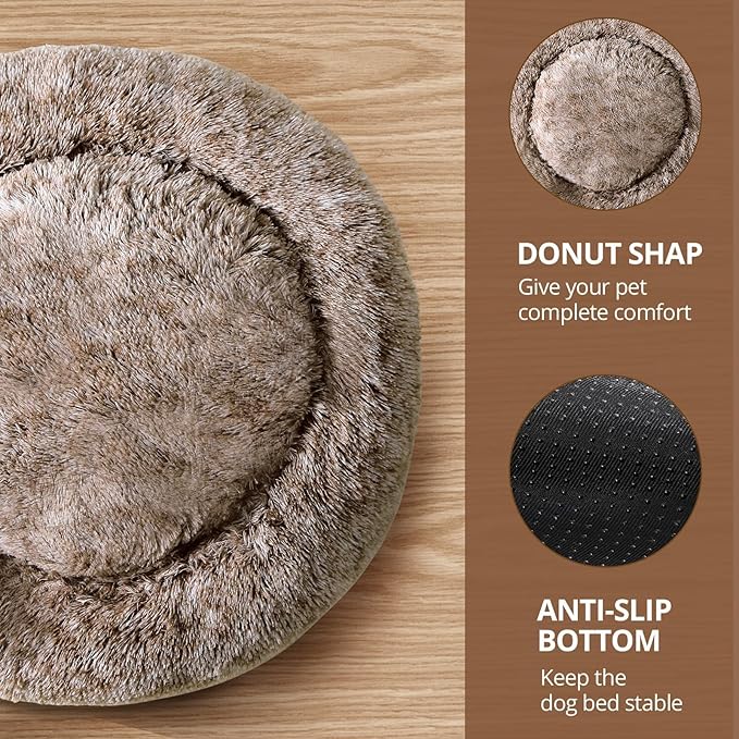 JOLLYVOGUE Medium Calming Dog Bed, Anti-Anxiety Donut Cuddler Cat Bed with Anti-Slip Bottom, Fluffy Faux Fur Machine Washable Pet Cushion for Medium Dog & Cat, 27"/Smoke Brown