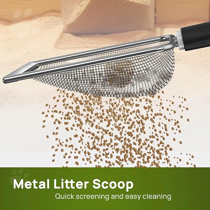 XIAOXINGYUN Litter Scooper with Holder for Sandbath Box,Stainless Steel Litter Scooper Includes Portable Small Broom and Dustpan, Mesh Shovel-Easy to Clean - Suitable for Cat Litter Box