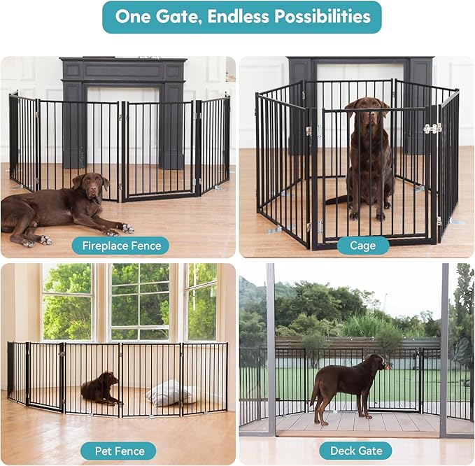 No Pawblems Free Standing Dog Gate with Door, 30'' Tall Foldable Dog Fence for Indoor & Outdoor, Up to 78 Inch Extra Wide Puppy Gate for Stairs, Hallways, Doorways, Deck, Yard (Black, 3 Panels)
