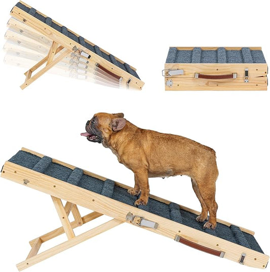 Clikuutory 2025 Upgraded Dog Ramp for Couch, 43.3" Foldable Small Dog Ramp for Bed, 4 Adjustable Height from 13" to 24", Portable Stable Pet Steps with Anti-Slip Carpet for Low Bed Couch Stairs, Wood