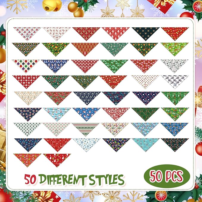 Abbylike 50 Pcs Christmas Dog Bandanas Bulk Pet Scarfs Triangle Bibs Adjustable Washable Puppy Kerchief Seasonal Pet Costume Accessories Grooming Supplies for Small Medium Large Dogs Cats