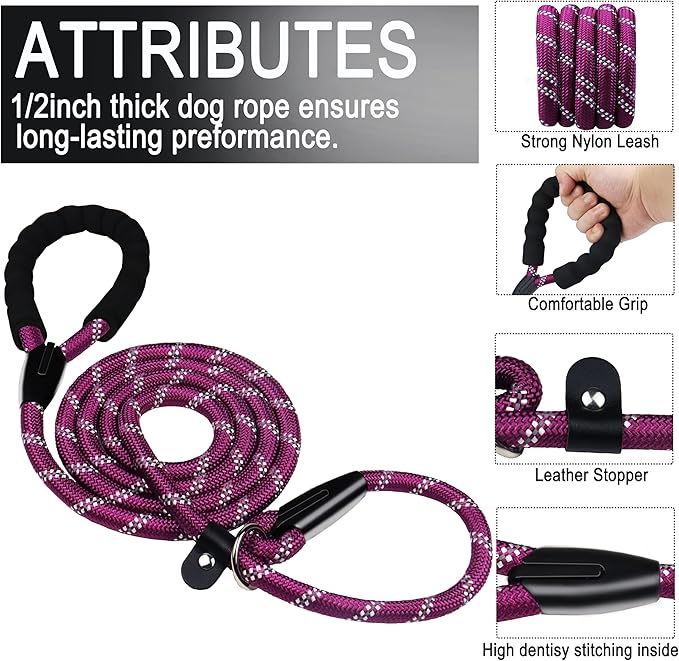 Dog Leash 6 FT, Durable Premium Quality Strong Training Rope Slip Leash with Comfortable Padded Handle and Highly Reflective Threads for Small Medium and Large Dogs, (Wine Red)