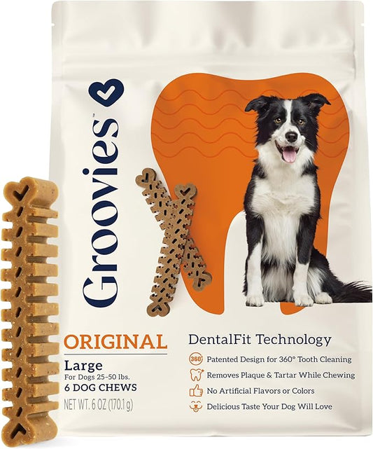 Groovies Flexible, Yet Moderately Tough Daily Dog Dental Chews. Powered by USA-Patented DentalFit Technology. No Added Gluten, No Artificial Flavors or Colors. Original 6oz Large (6Chews)