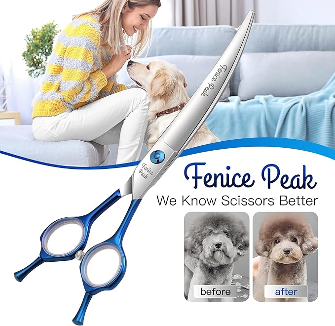 Fenice Peak Grooming Scissors for Dogs 7 inch Curved Pet Grooming Scissors Ergonomically Designed Blue Handles Ideal Dog Shears for Precise Trimming Easy Use.