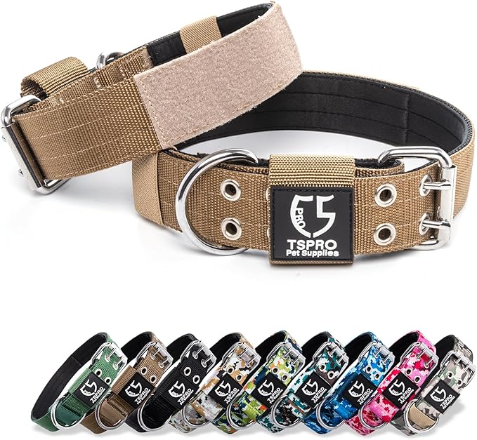 TSPRO Tactical Dog Collar, Adjustable, with Patch & Double Needle Metal Buckle, Heavy Duty for Large to Extra Large Dogs, Durable for Walking, Running, Hiking & Training (Khaki L-XL)