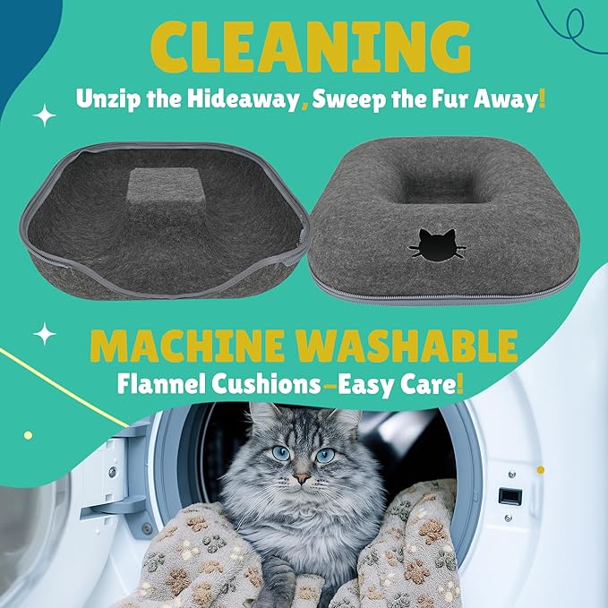 RINGTAIL Peekaboo Cat Cave - Cat Caves for Indoor Cats, Cat Donut Tunnel Bed, Kitten Beds Felt, Cat Bed Cave Large with Two Fluffy Fleece Cushion, Nest Cove Scratch-Resistant Detachable & Washable