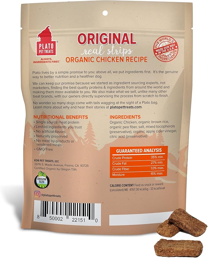 PLATO Original Real Strips Organic Chicken 18oz, Natural