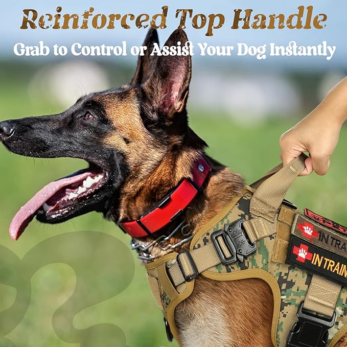 rabbitgoo Tactical Dog Harness Medium Sized, Heavy Duty Pet Harness with Handle, No-Pull Service Vest Medium Breed, Adjustable Military Dog Vest for Training Hunting Walking, Brown Camo, M