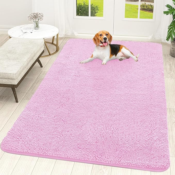 OLANLY Dog Door Mat for Muddy Paws 70x46, Absorbs Moisture and Dirt, Absorbent Non-Slip Washable Doormat, Quick Dry Chenille Mud Mat for Dogs, Entry Indoor Entryway Carpet for Inside Floor, Pink