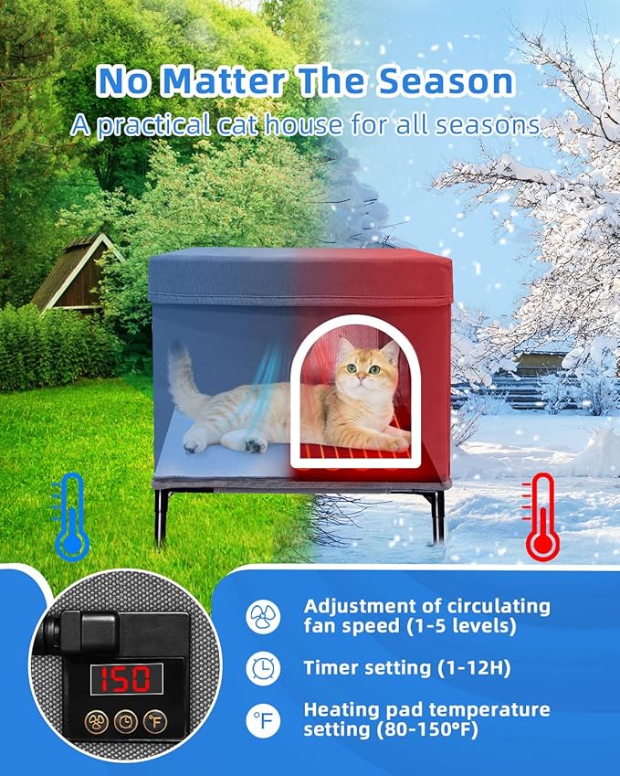 Heated & Cooling House - Weatherproof Feral Cat Shelter with Fan & Heated Mat - Dual Use Cat Bed with Timer & Adjustable Temperature Heater Pad Suit for All Seasons