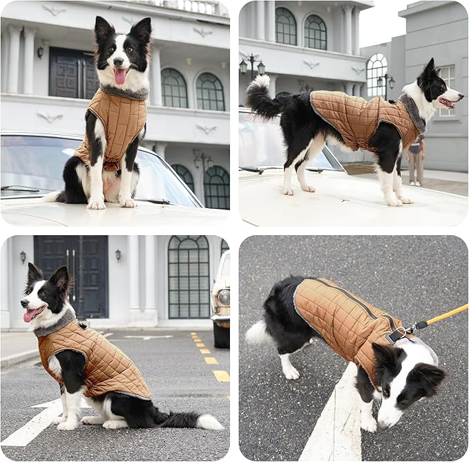 Warm Fleece Dog Coats with Durable Harness Buitl in D-Ring,Waterproof Doggie Jacket for Large Dogs,Dog Vest for Cold Winter,Burnished Khaki XXXL