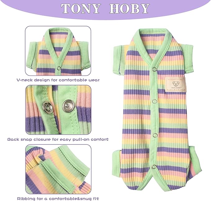 TONY HOBY Dog Pajamas, Male Dogs Pajama Clothes with Rainbow Stripe, Dog 4 Legged Jumpsuit Knit Clothes for Small Medium Size Dogs (Green&Yellow, Boy, M)