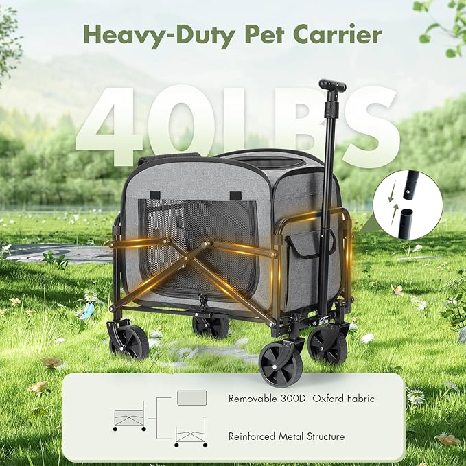 Lekereise Extra Large Pet Carrier with Wheels – Soft-Sided Foldable Rolling Cat Carriers for 2 Small Cats or Medium Large Dog Under 30lbs, Stable & Ventilated Travel Crate for Camping Outdoor, Grey