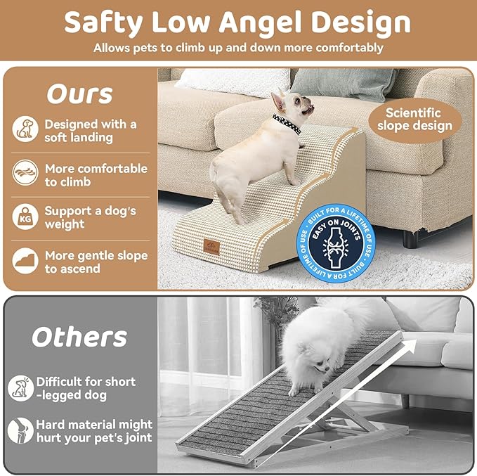 Dog Ramp and Stair for Bed 16" H-20 H,3-Step Cat Stair for Sofa and Chair,4-Step Dog Ramp for High Bed and Window,Durable Nonslip Fabric Cover for Indoor (Beige-20 H, Pet Friendly, 4)