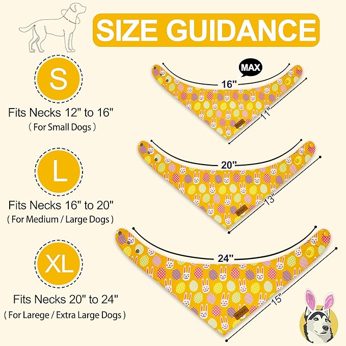 Easter Dog Bandanas with Snap Button, 2 Pack Reversible Spring Bandana for Boy & Girl, Premium Durable Fabric, Bunny and Egg Dog Scarf for Medium and Large Dogs (Large)