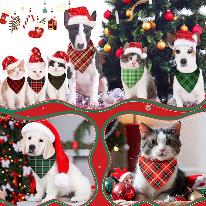 Preboun 200 Pcs Christmas Dog Bandanas Bulk Xmas Buffalo Plaid Bandanas for Dogs Triangle Kerchief Bibs Scarf Set for Pet Christmas Costume Photo Props Accessories Pet Shops, 25 Styles