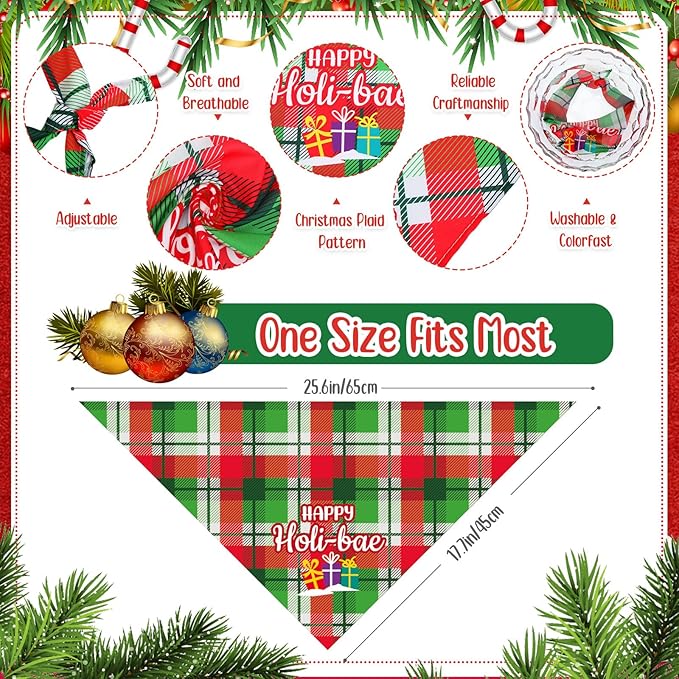 Preboun 200 Pcs Christmas Plaid Dog Bandanas Bulk Dog Holiday Scarf Bibs Puppy Bandanas Adjustable Washable Kerchief Pet Costume Accessories Grooming Supplies for Small to Medium Cats Dogs